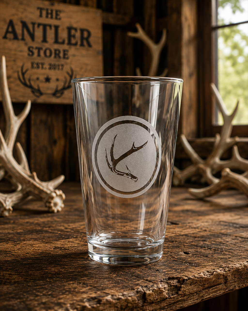 Laser Etched Pint Glass - The Antler Store Logo, Ships Free