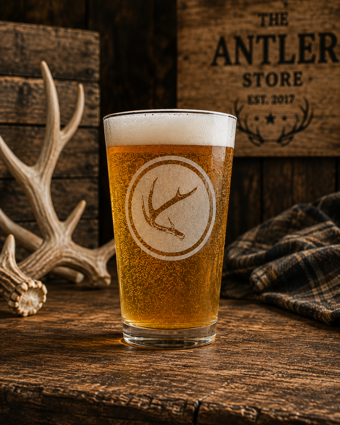 Laser Etched Pint Glass - The Antler Store Logo, Ships Free