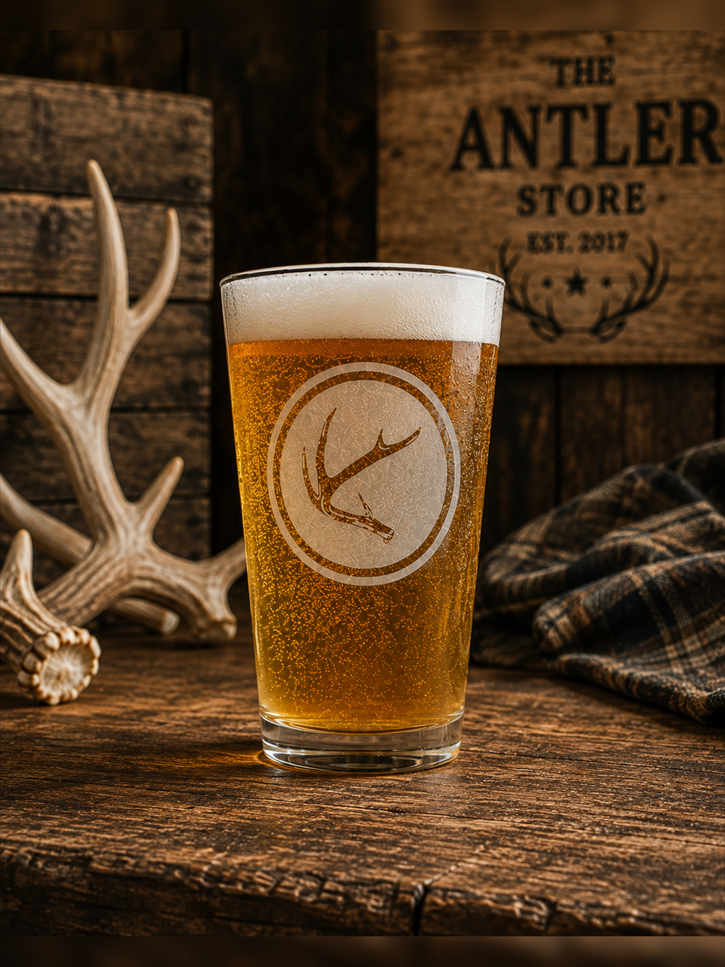 Laser Etched Pint Glass - The Antler Store Logo, Ships Free